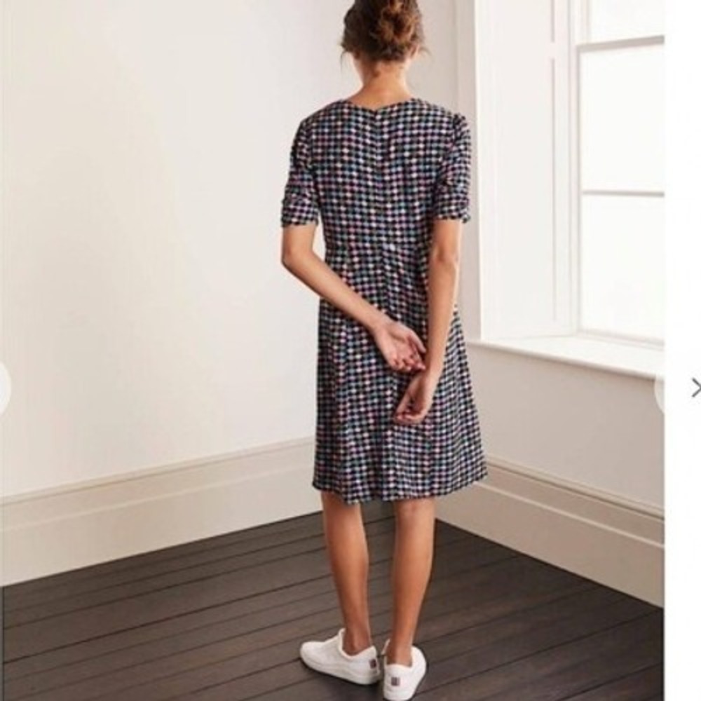 Boden Jemima Dress 14R Navy‎ Blue Multicolor Scallop Print V-Neck Ruched - Picture 2 of 13